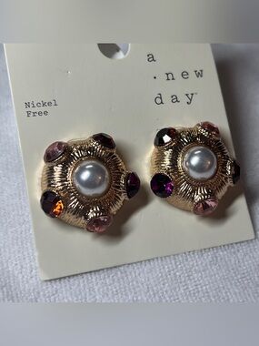 A New Day Pearl & Multi-Stone Jewel Tone Button Earrings